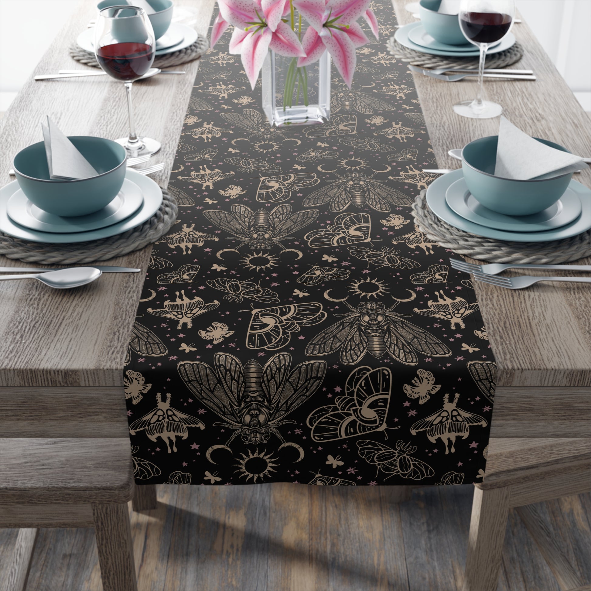 Witchy Cicada Table Runner - Black & Beige - Red Finch Creations