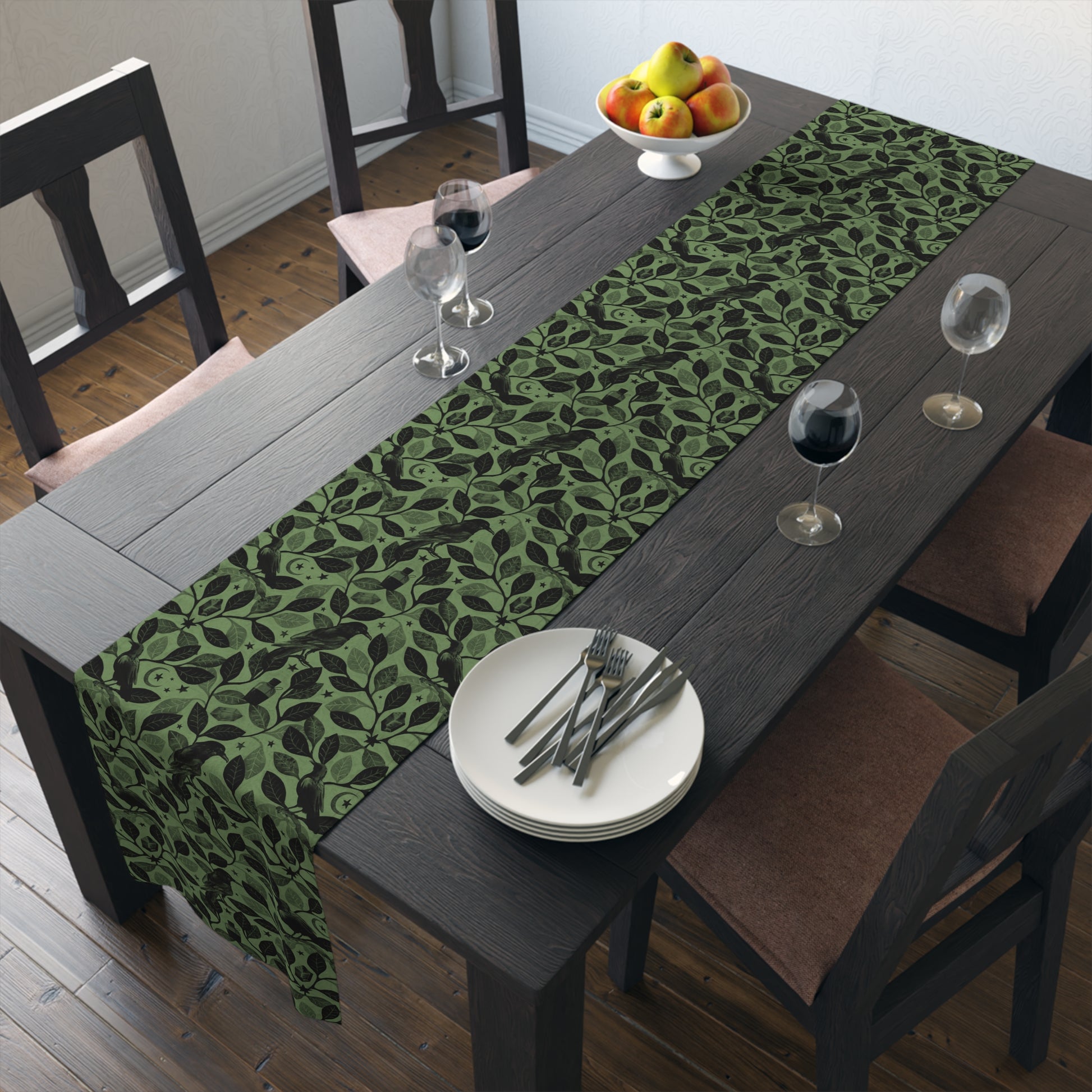 Witchy Watercolor Raven Table Runner - Green - Red Finch Creations