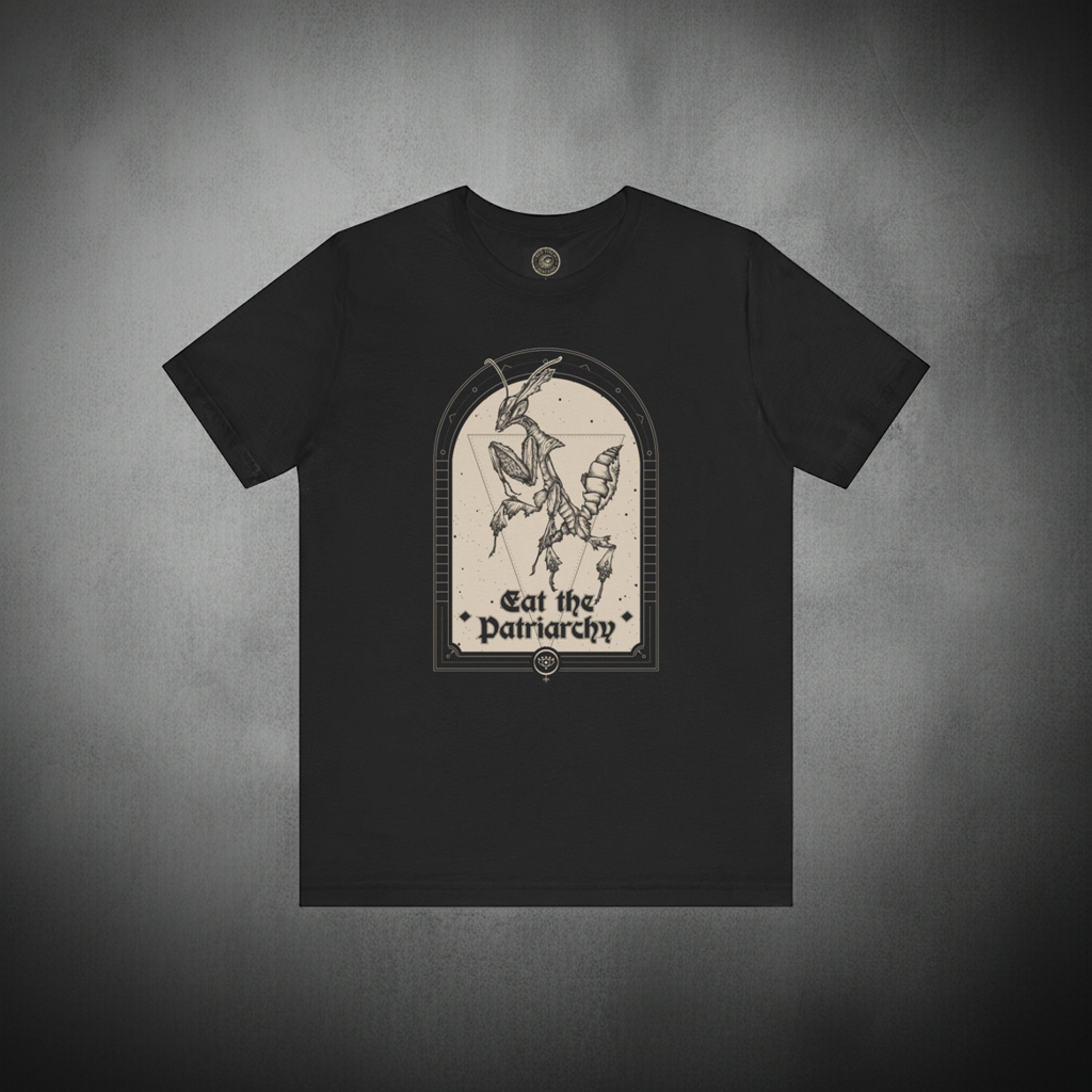 "Eat the Patriarchy" Witchy Feminist Praying Mantis Tshirt - Black