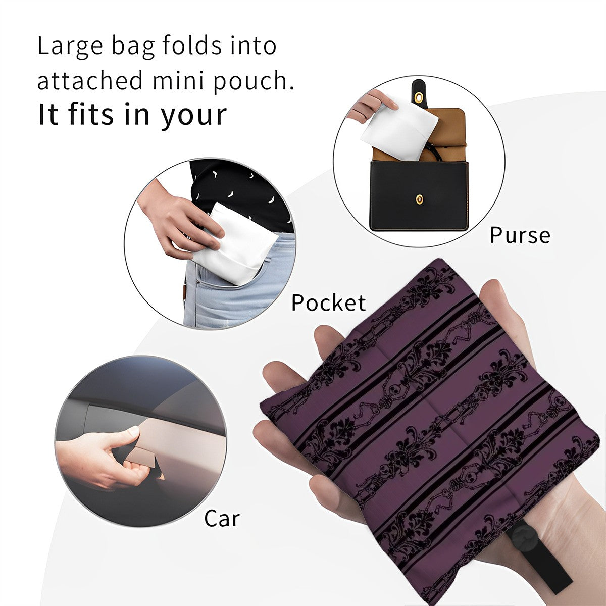 Purple and black striped gothic baroque shopping bag with text explaining its compact design and features.