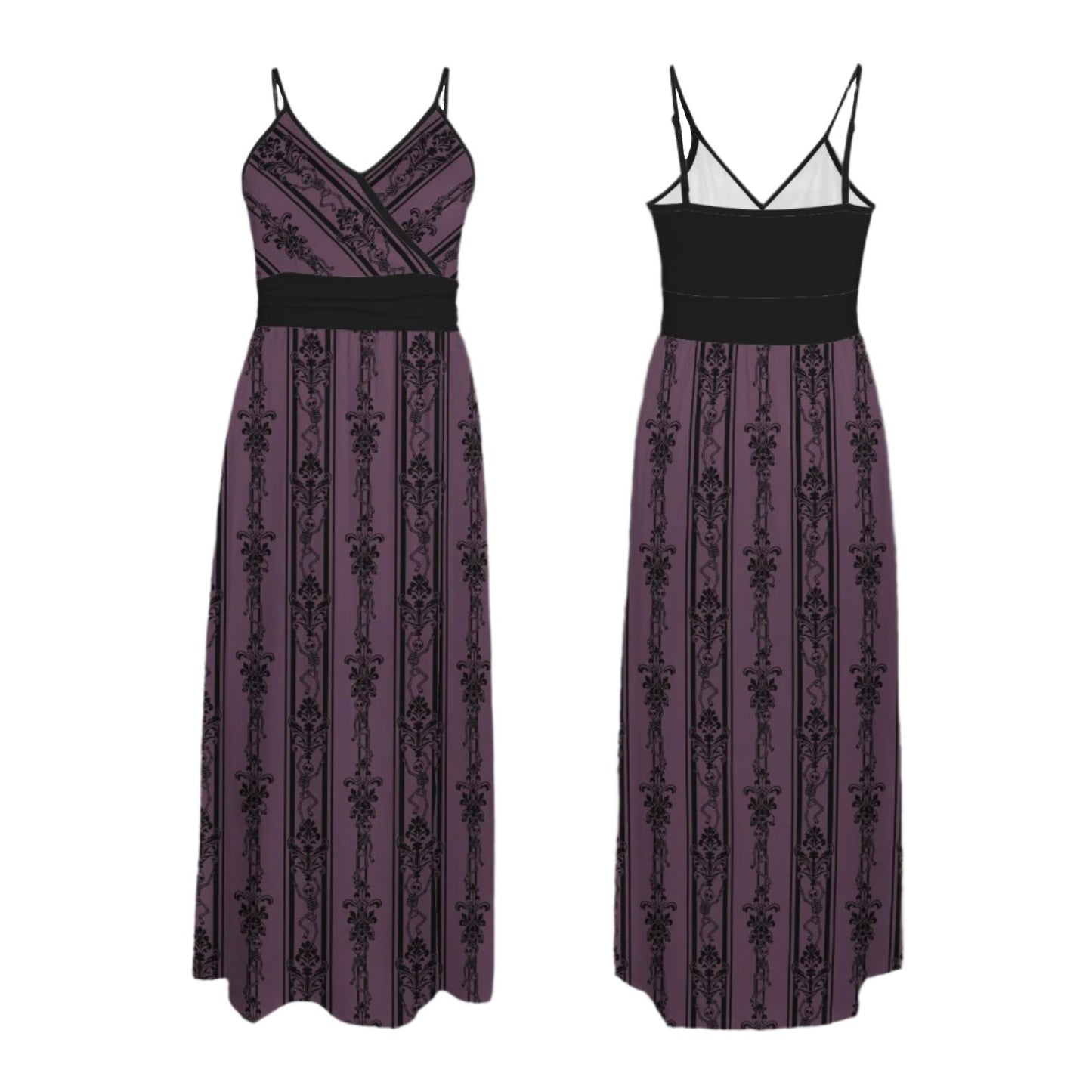Gothic Baroque Dancing Skeleton Pattern Floor Length Dress with open back and leg slit