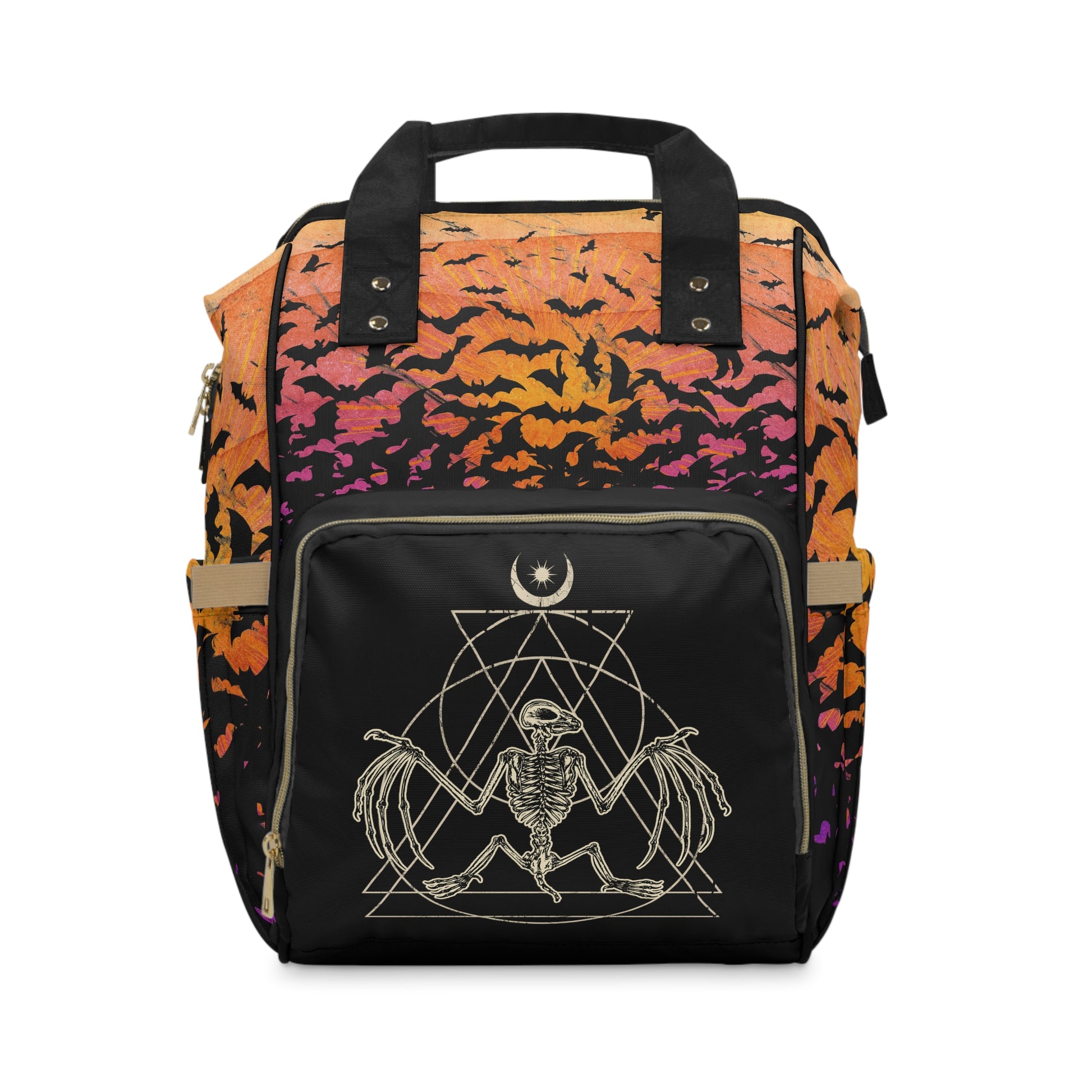 Occult Bat Skeleton Multifunctional Diaper Backpack - Orange + Black - Red Finch Creations