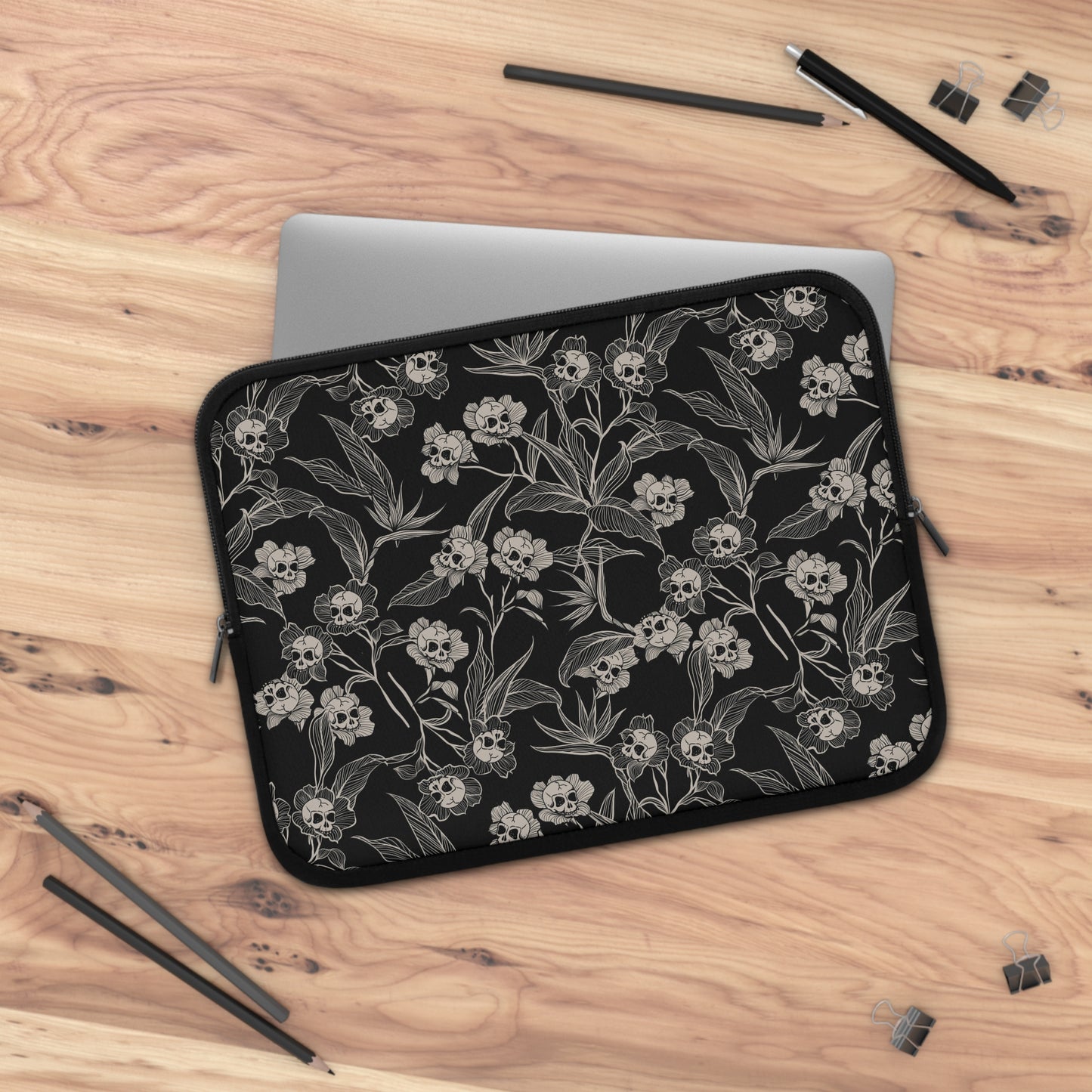 Gothic Floral Skull Flower Laptop Sleeve - Black + Cream - Red Finch Creations