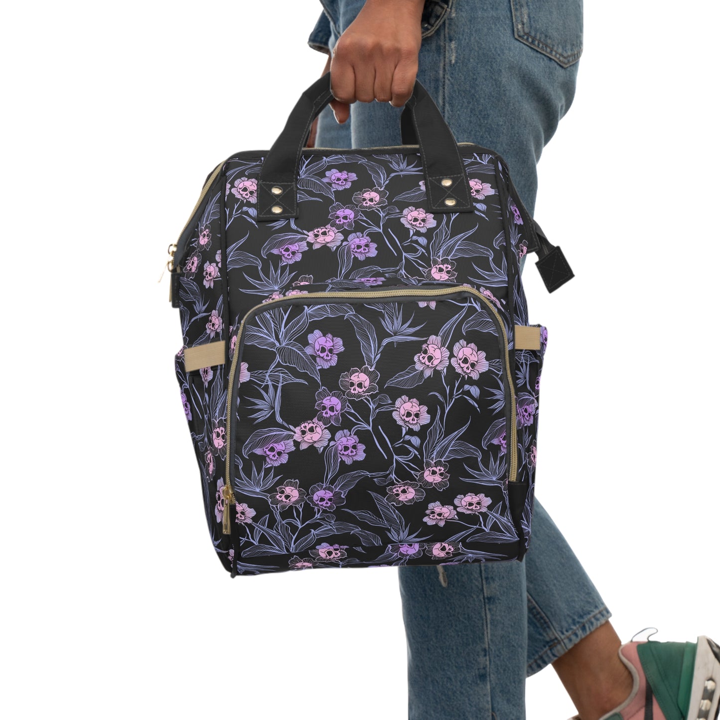 Pastel Goth Floral Skull Multifunctional Diaper Backpack - Pink + Black - Red Finch Creations