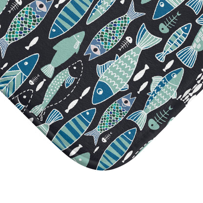 Mediterranean Sardine Skeleton Bath Mat - Black & Teal - Red Finch Creations