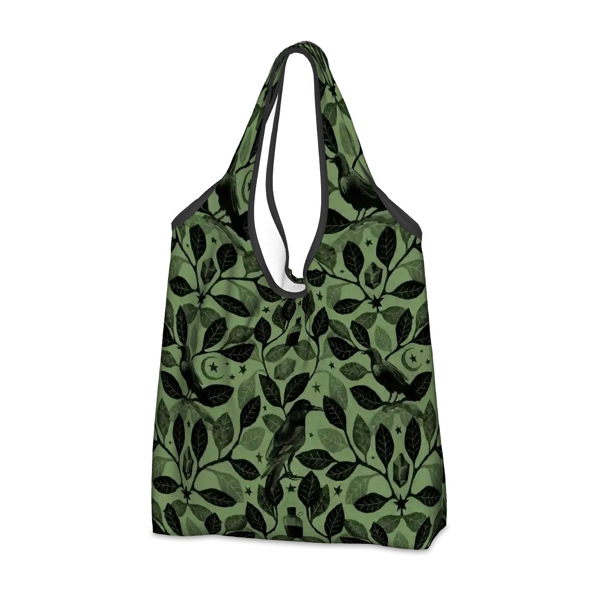 Green reusable bag with witchy raven black leaf pattern on a white background