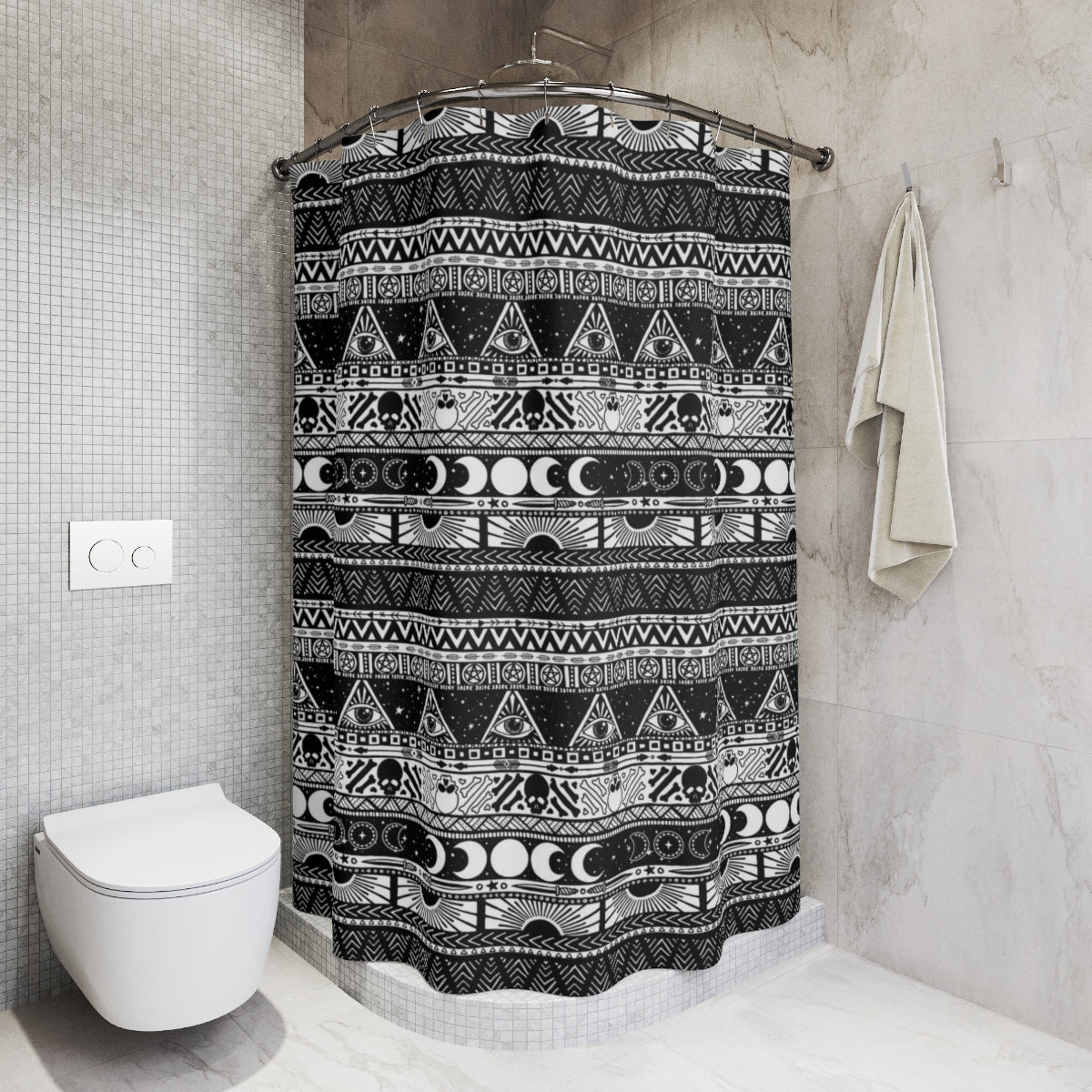 Boho Tribal Witch Shower Curtain - Black + White - Red Finch Creations