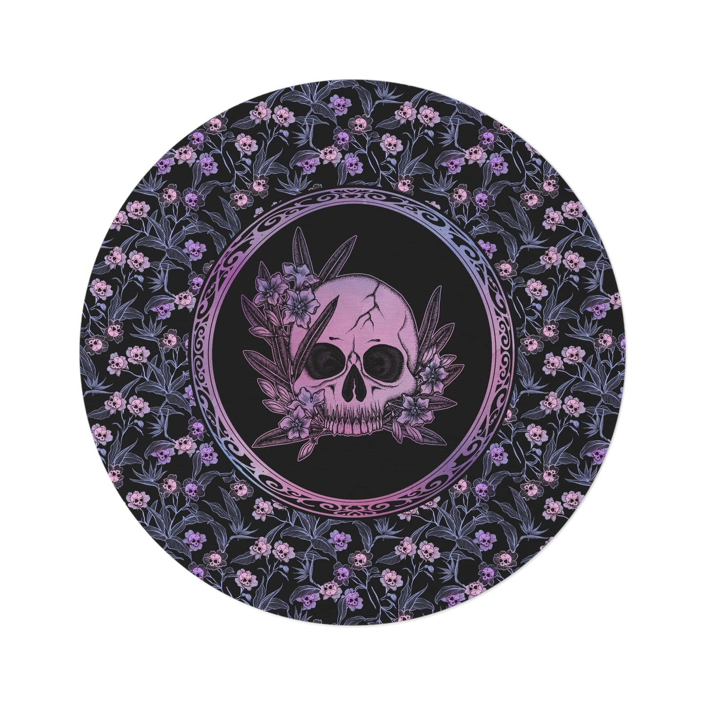 Pastel Goth Floral Round Rug - Pink & Black - Red Finch Creations