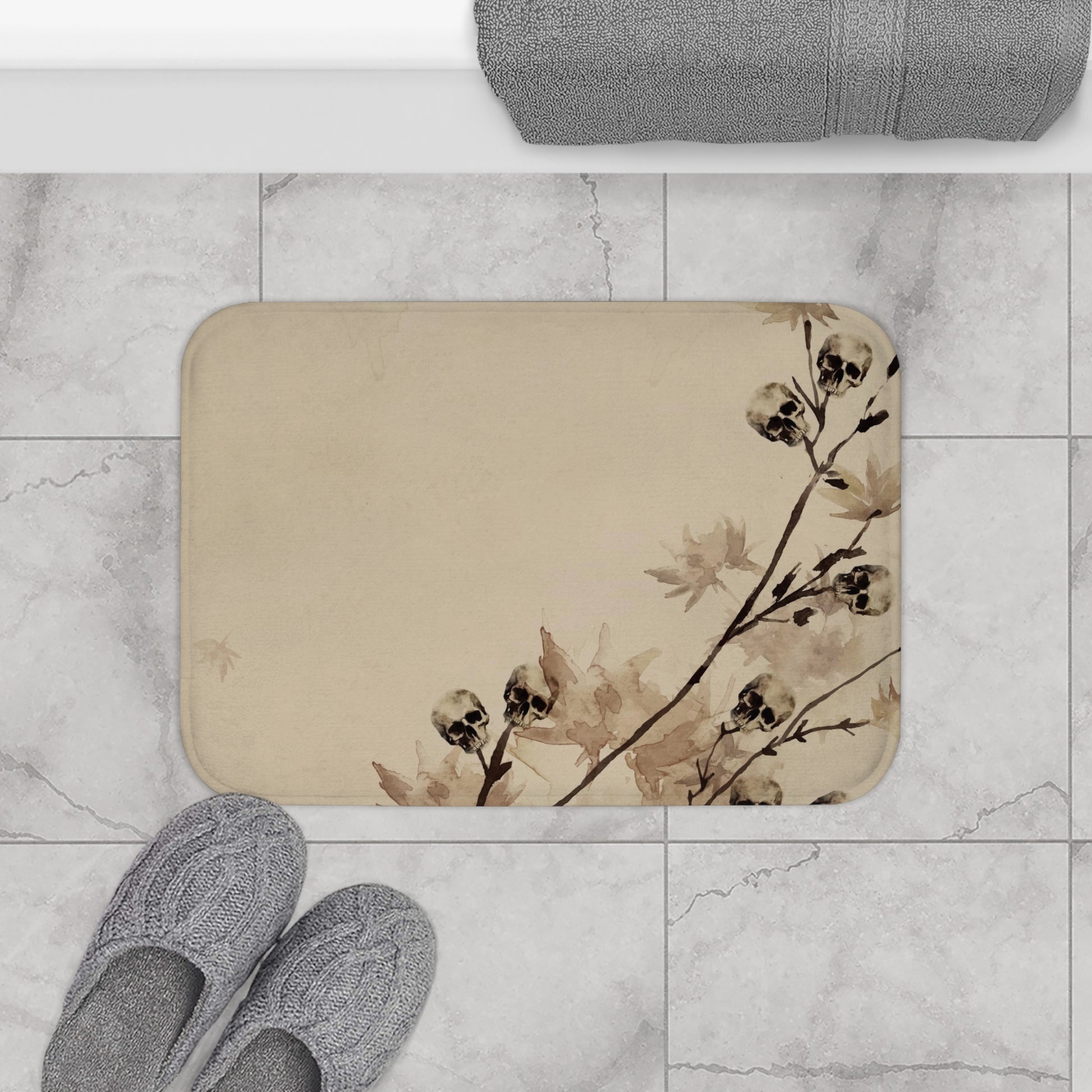 Minimalist Fall Watercolor Skull Bath Mat - Red Finch Creations
