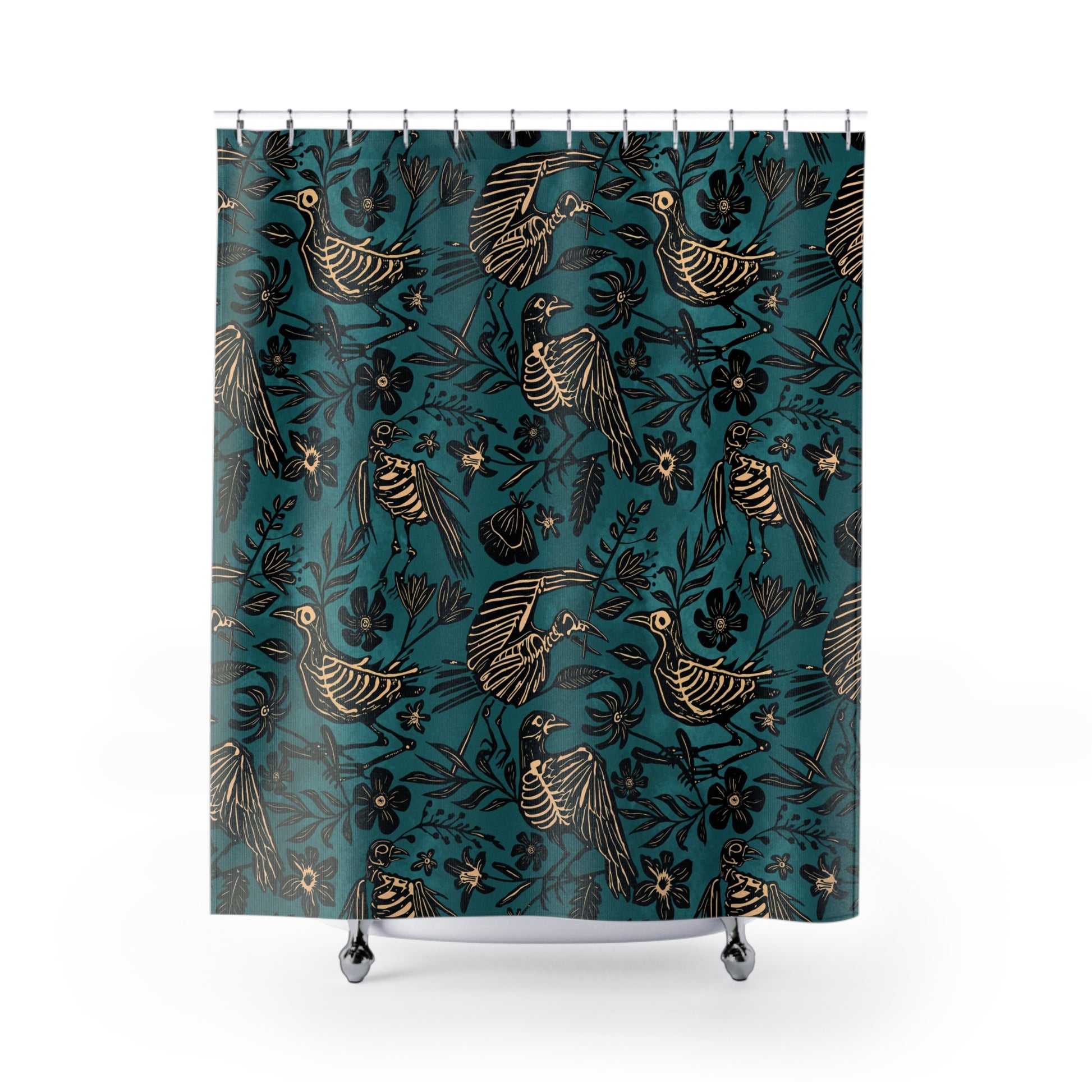 Teal Floral Bird Skeleton Shower Curtain - Red Finch Creations
