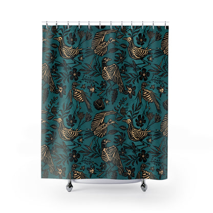 Teal Floral Bird Skeleton Shower Curtain - Red Finch Creations