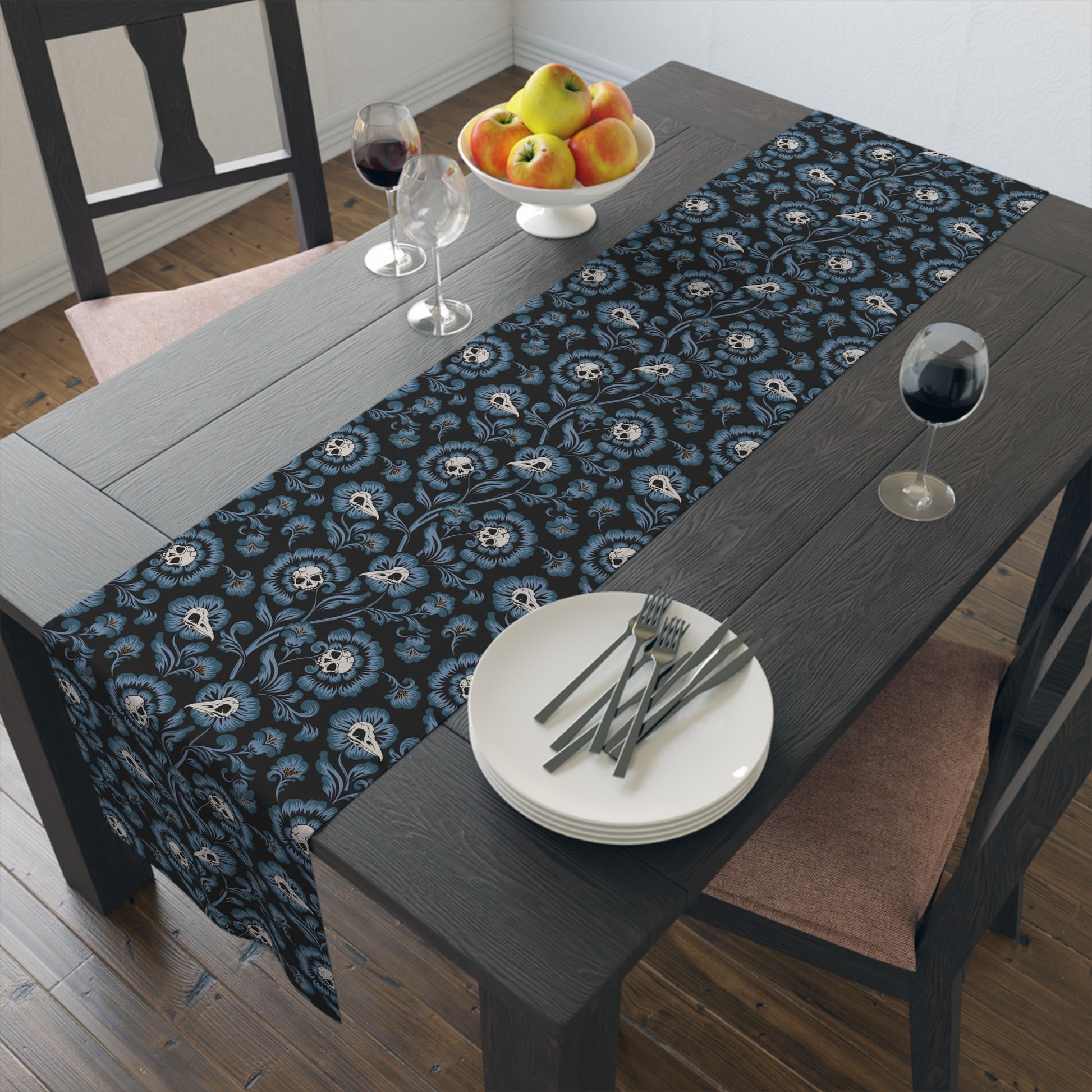 Victorian Skull Flower Table Runner - Blue - Red Finch Creations