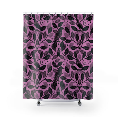 Witchy Watercolor Raven Shower Curtain - Pink - Red Finch Creations