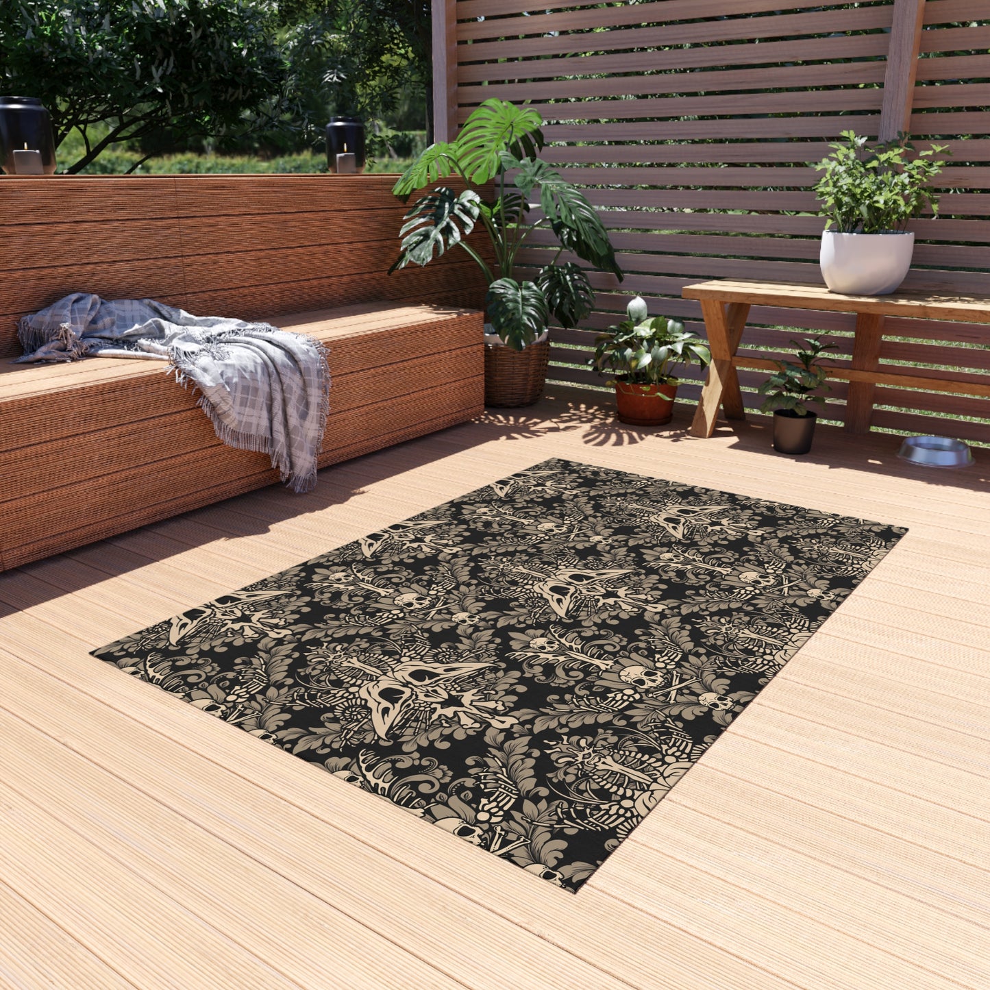 Damask Bones Gothic Indoor/Outdoor Area Rug - Beige & Black - Red Finch Creations