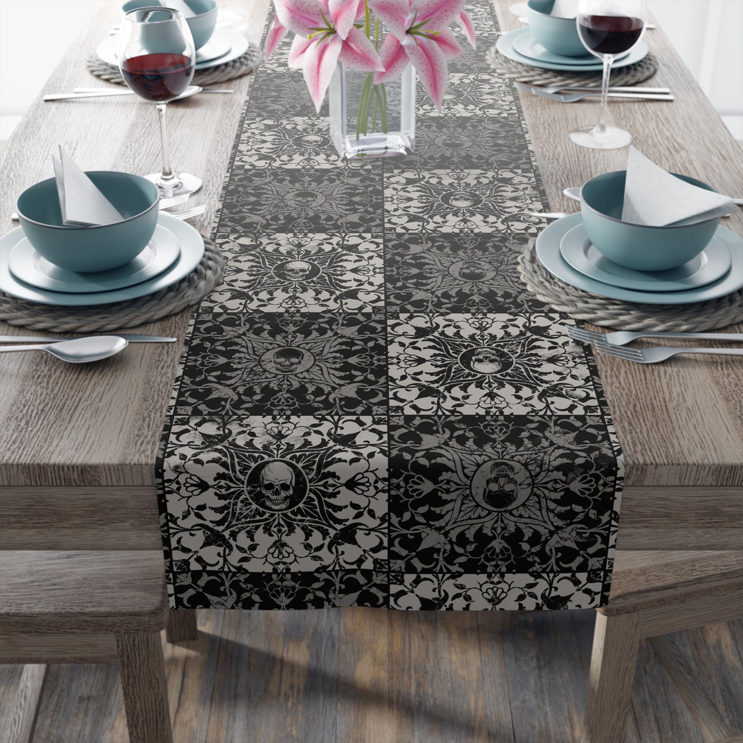 Gothic Checkered Tile Table Runner - Black & White - Red Finch Creations