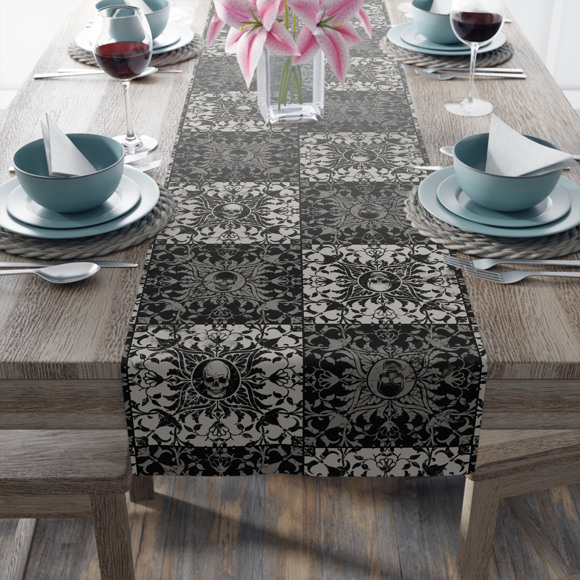 Gothic Checkered Tile Table Runner - Black & White - Red Finch Creations