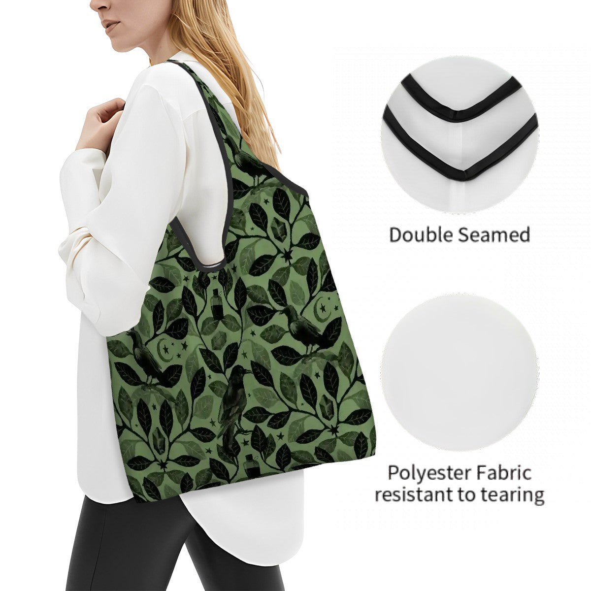 Woman carrying a green botanical raven patterned shopping bag with text about double-seam and polyester fabric.