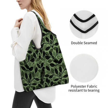 Woman carrying a green botanical raven patterned shopping bag with text about double-seam and polyester fabric.