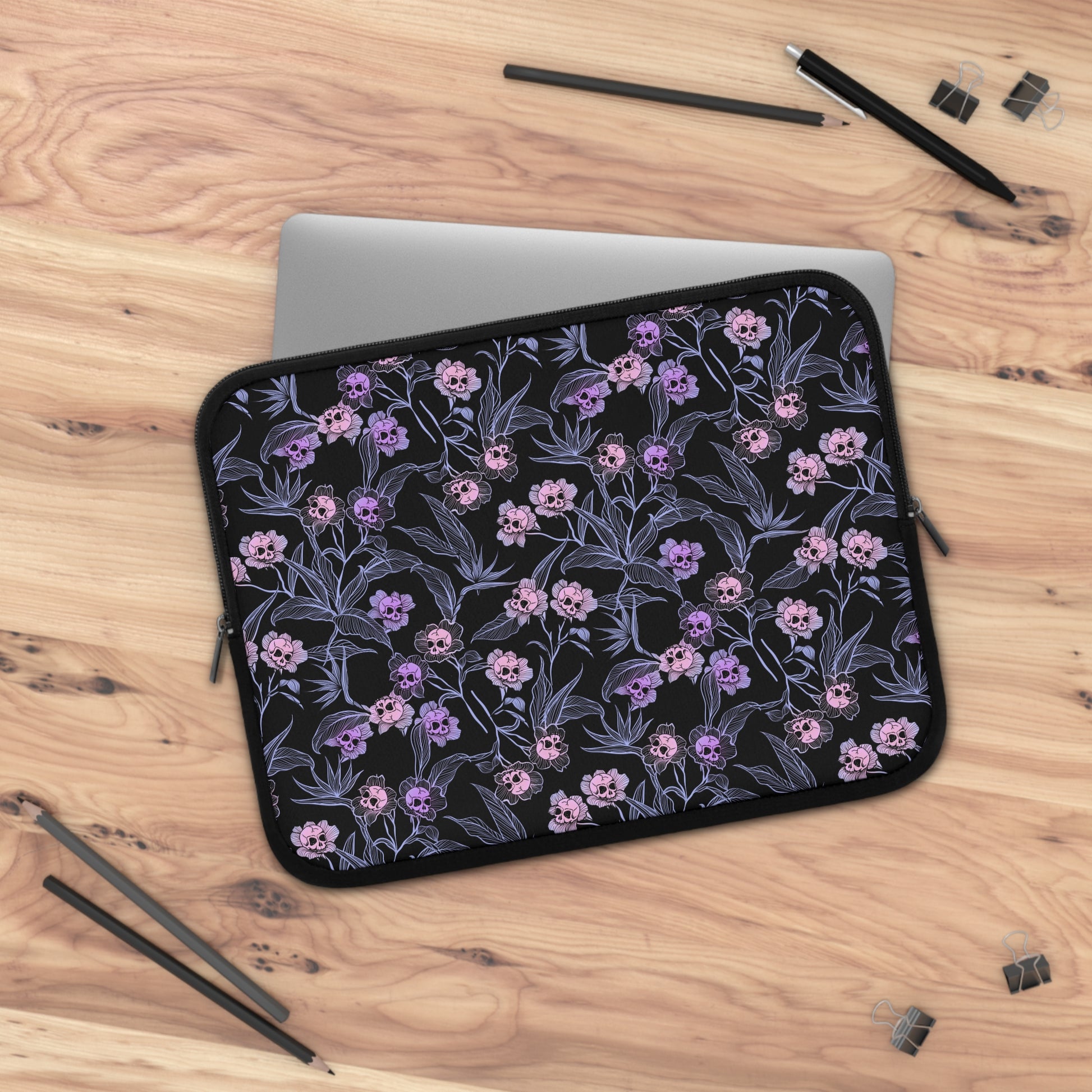 Pastel Goth Floral Neoprene Laptop Sleeve - Pink + Black - Red Finch Creations
