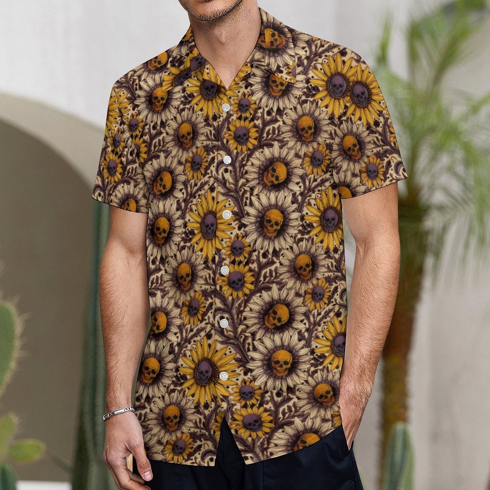 Sunflower Skull Gothic Floral Hawaiian Shirt - Red Finch Creations