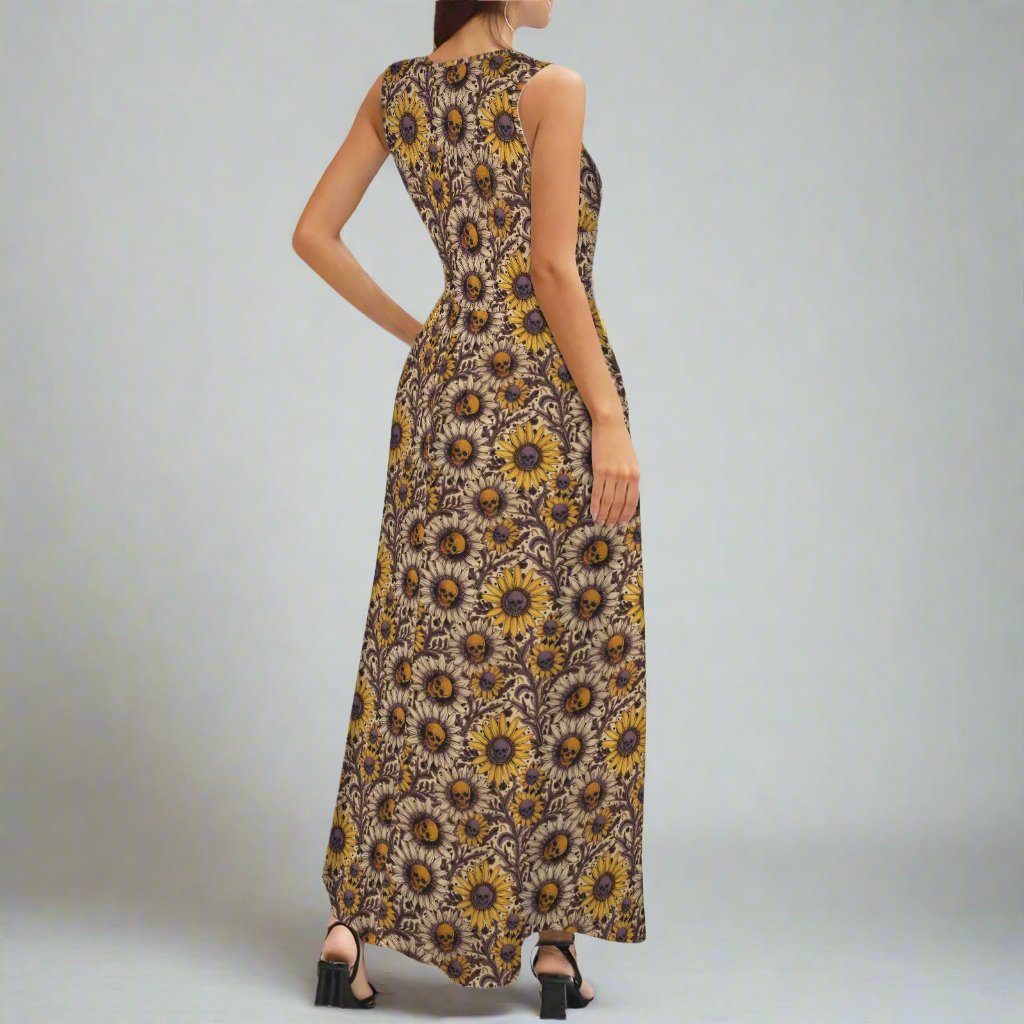 Gothic Sunflower Skull Maxi Dress with Pockets - Sizes S to 5XL Gold / L Gothic Sunflower Skull Maxi Dress with Pockets - Sizes S to 5XL Gold / L