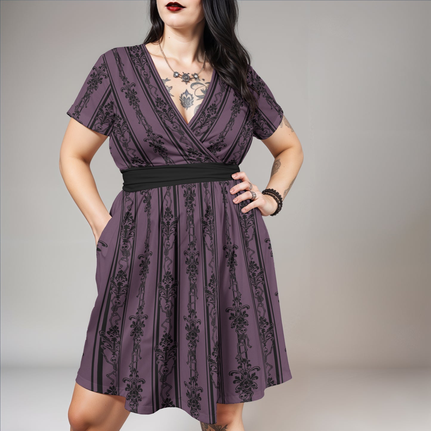 Baroque Dancing Skeleton V-Neck Dress w/ Pockets