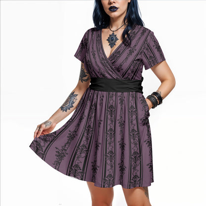 Baroque Dancing Skeleton V-Neck Dress w/ Pockets