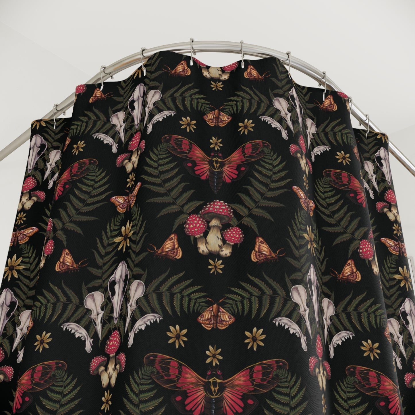 Dark fabric with nature-themed pattern featuring butterflies, mushrooms, and skulls on a white background.