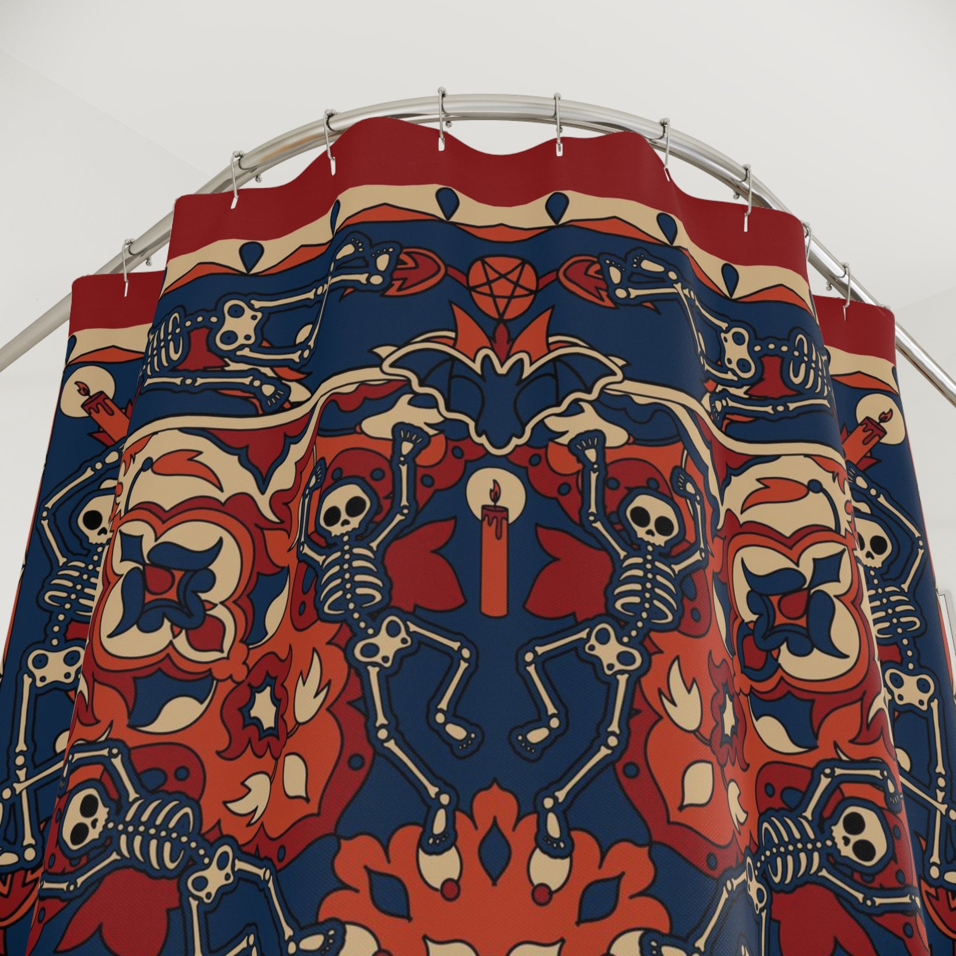 Dancing Skeleton Shower Curtain - Rust Red & Midnight Blue - Red Finch Creations