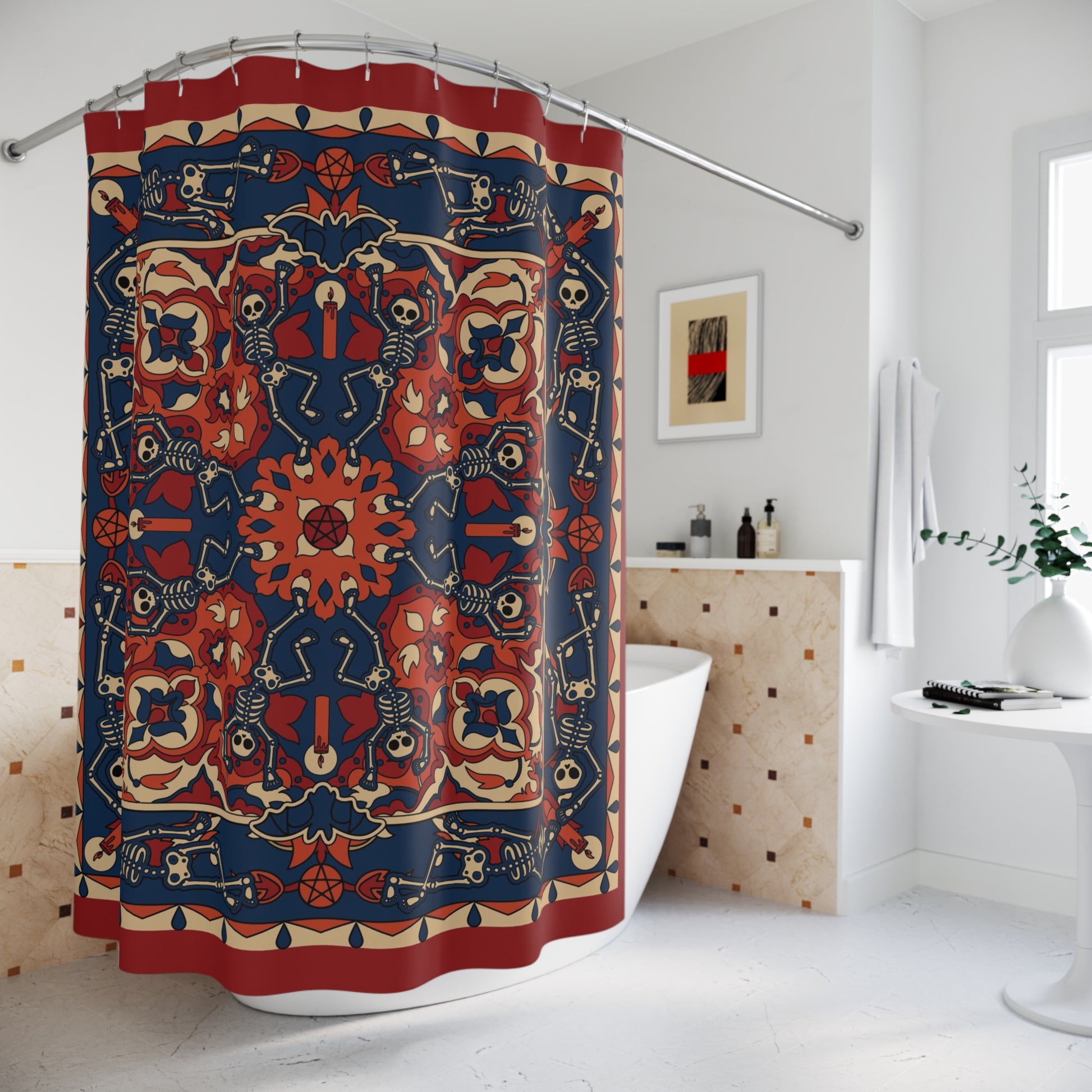 Dancing Skeleton Shower Curtain - Rust Red & Midnight Blue - Red Finch Creations