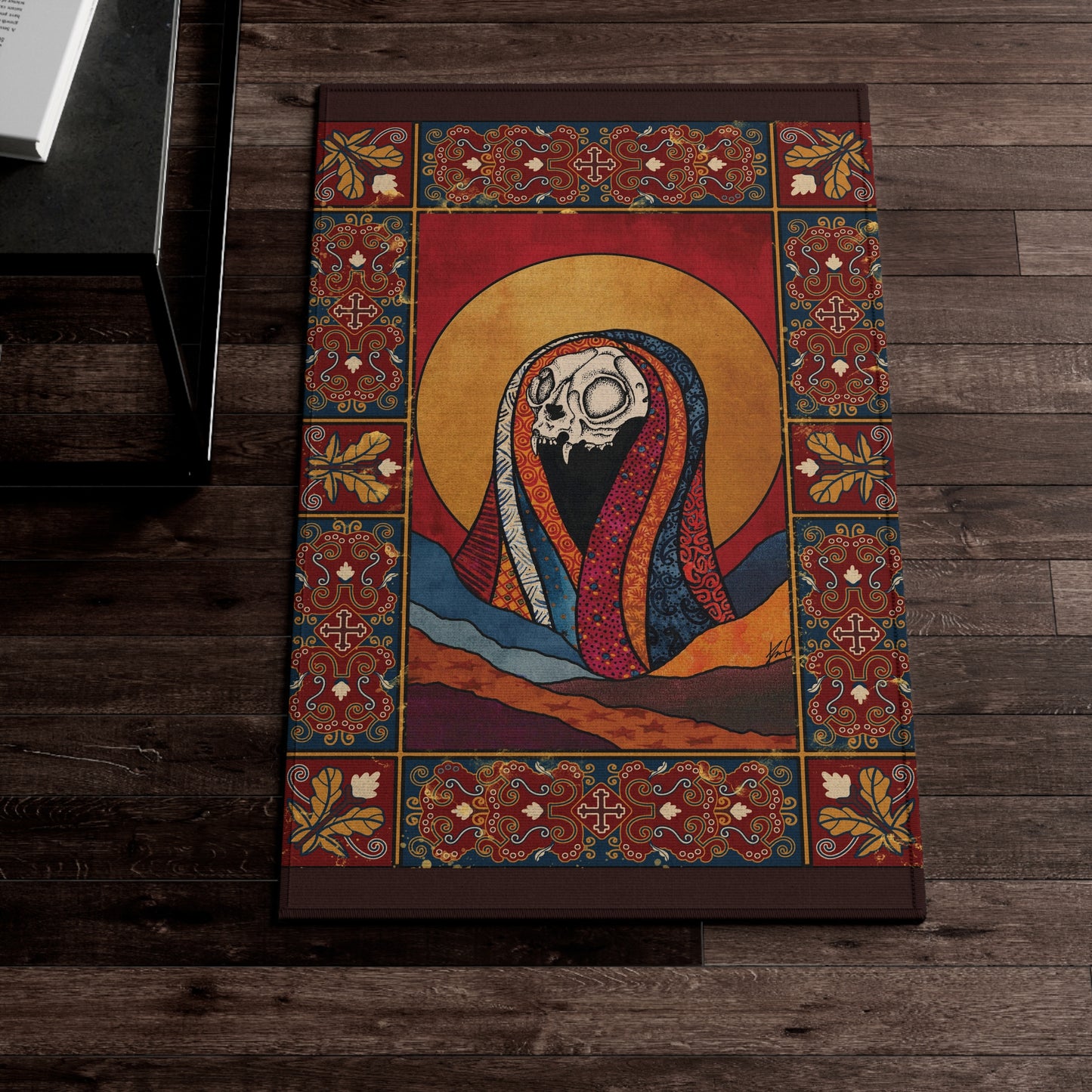 Red and Gold Baroque Cat Skull Area Rug