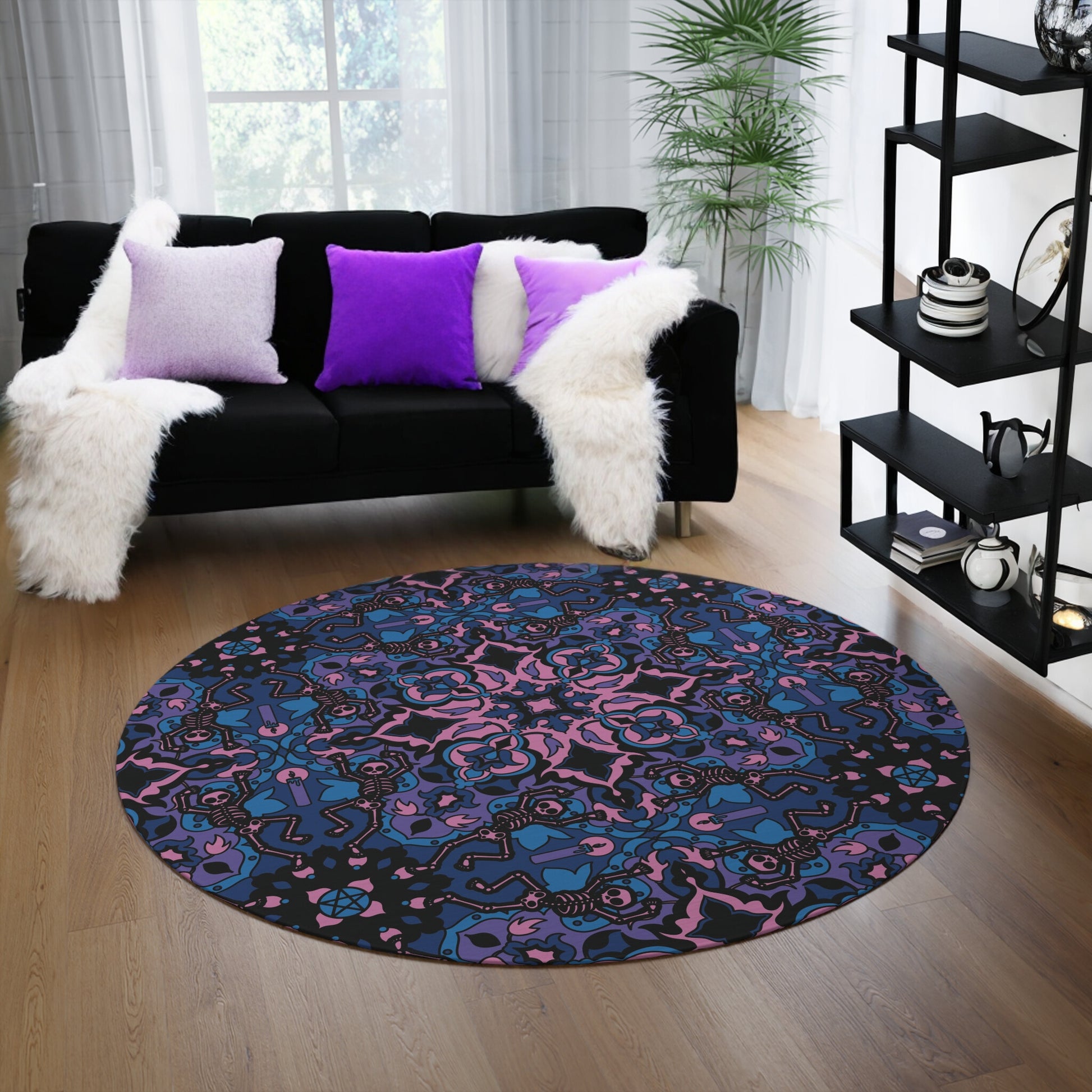 Dancing Skeleton Round Rug - Pink & Blue - Red Finch Creations