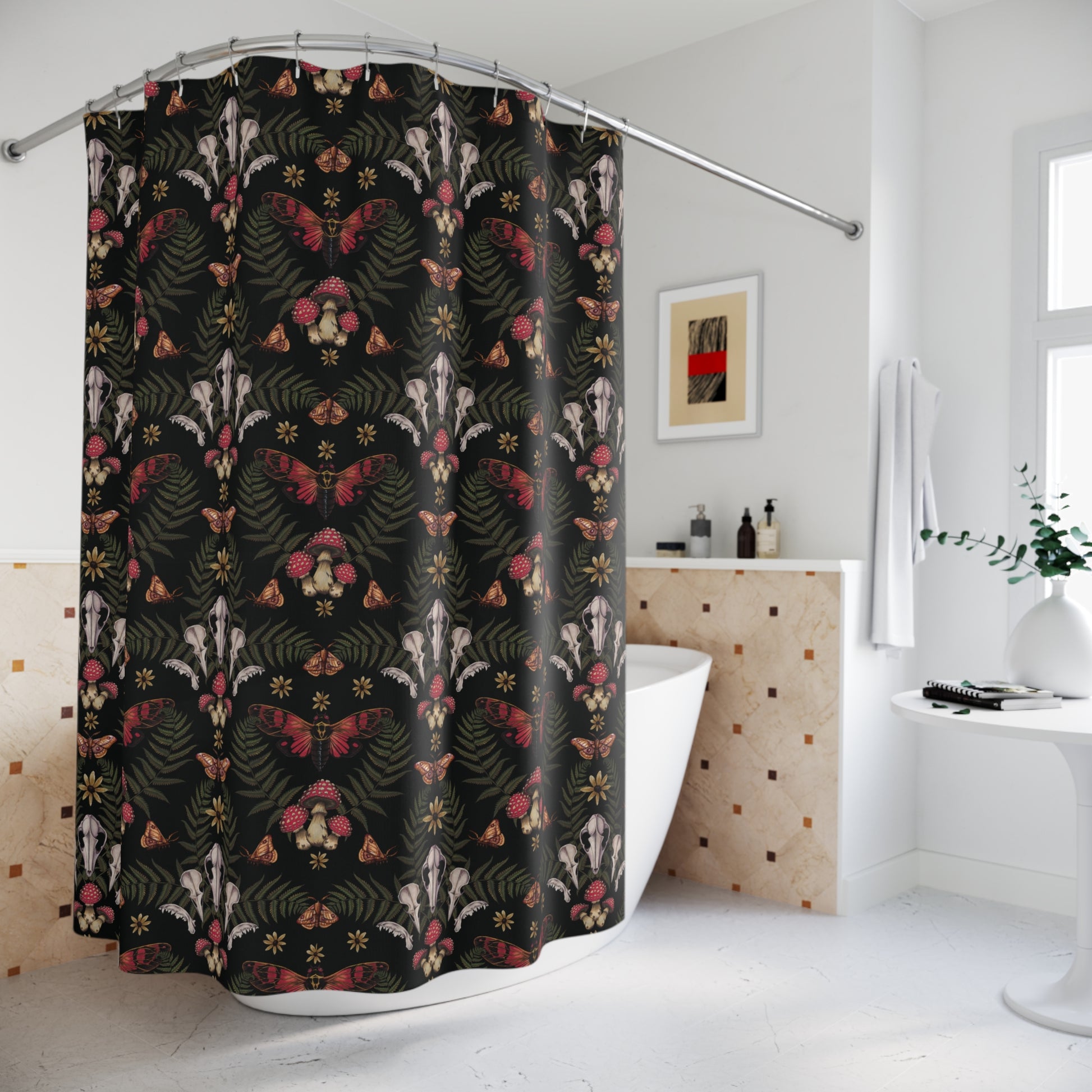 Shower curtain with a floral and cicada pattern in a bathroom setting