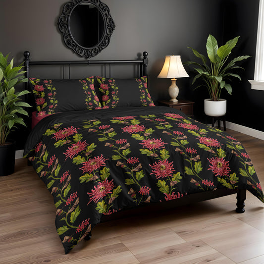 Bedroom with dark gothic floral bedding with witchy botanical vibes, black headboard, and decorative mirror.