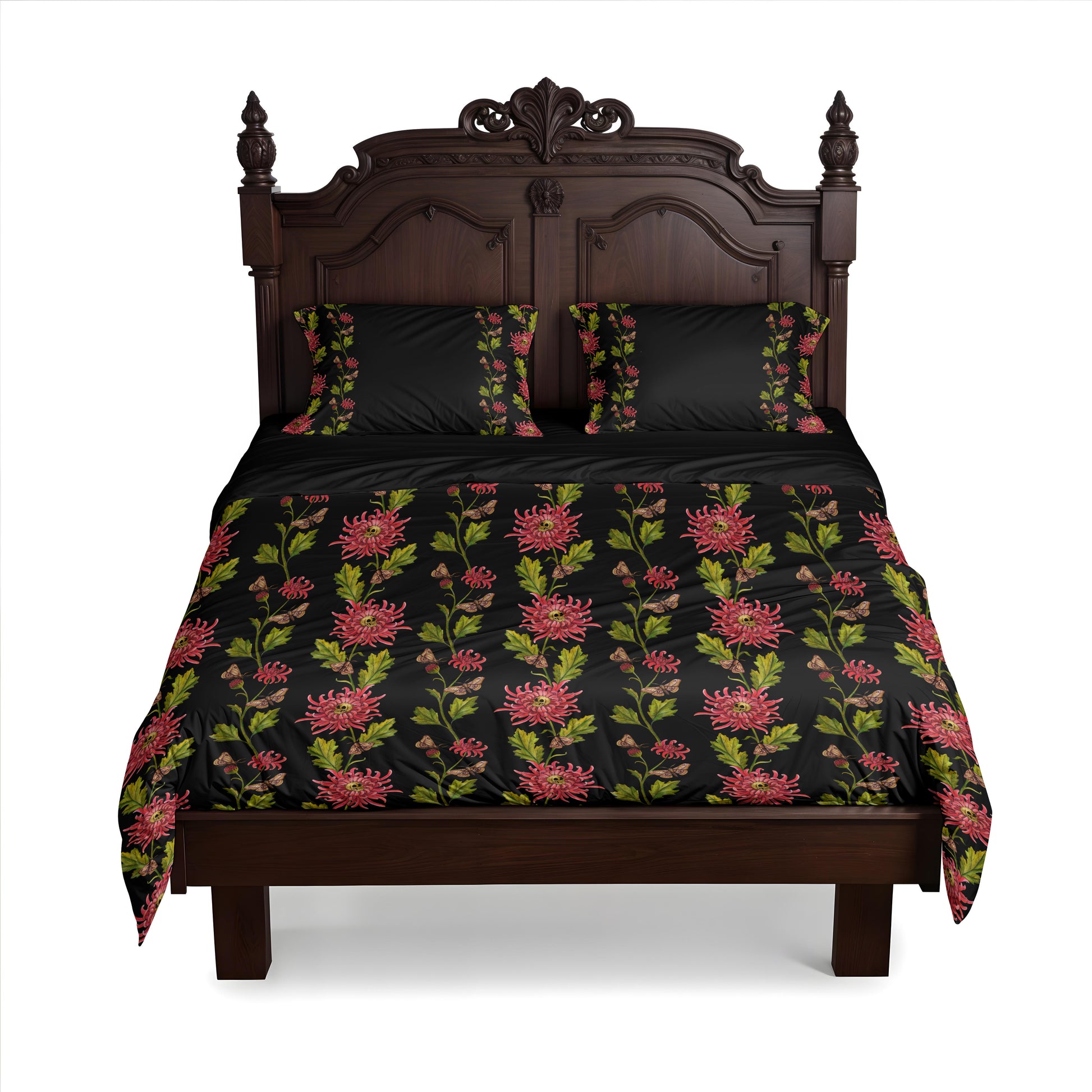 witchy Floral skull-patterned bedding set on a wooden baroquw bed with a white background