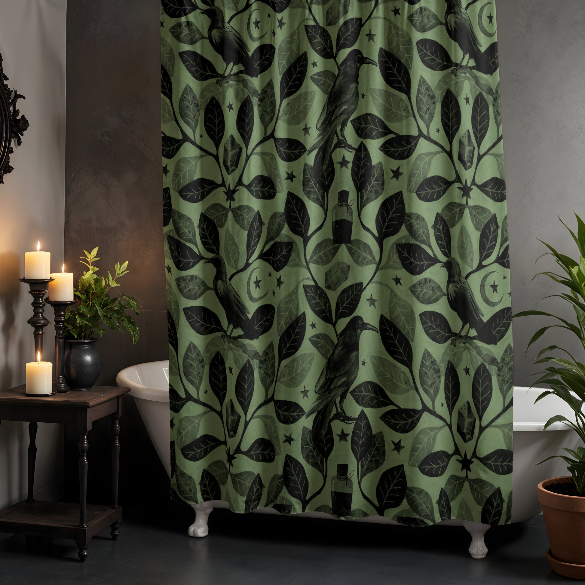Witchy Watercolor Raven Shower Curtain - Green - Red Finch Creations