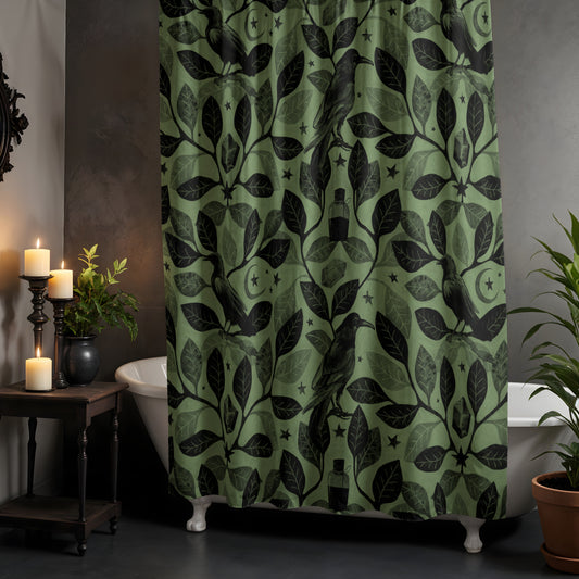 Witchy Watercolor Raven Shower Curtain - Green - Red Finch Creations