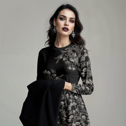 Gothic Floral Long Sleeve Pocket Dress - 2XS to 6XL