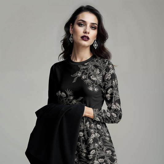 Gothic Floral Long Sleeve Pocket Dress - 2XS to 6XL
