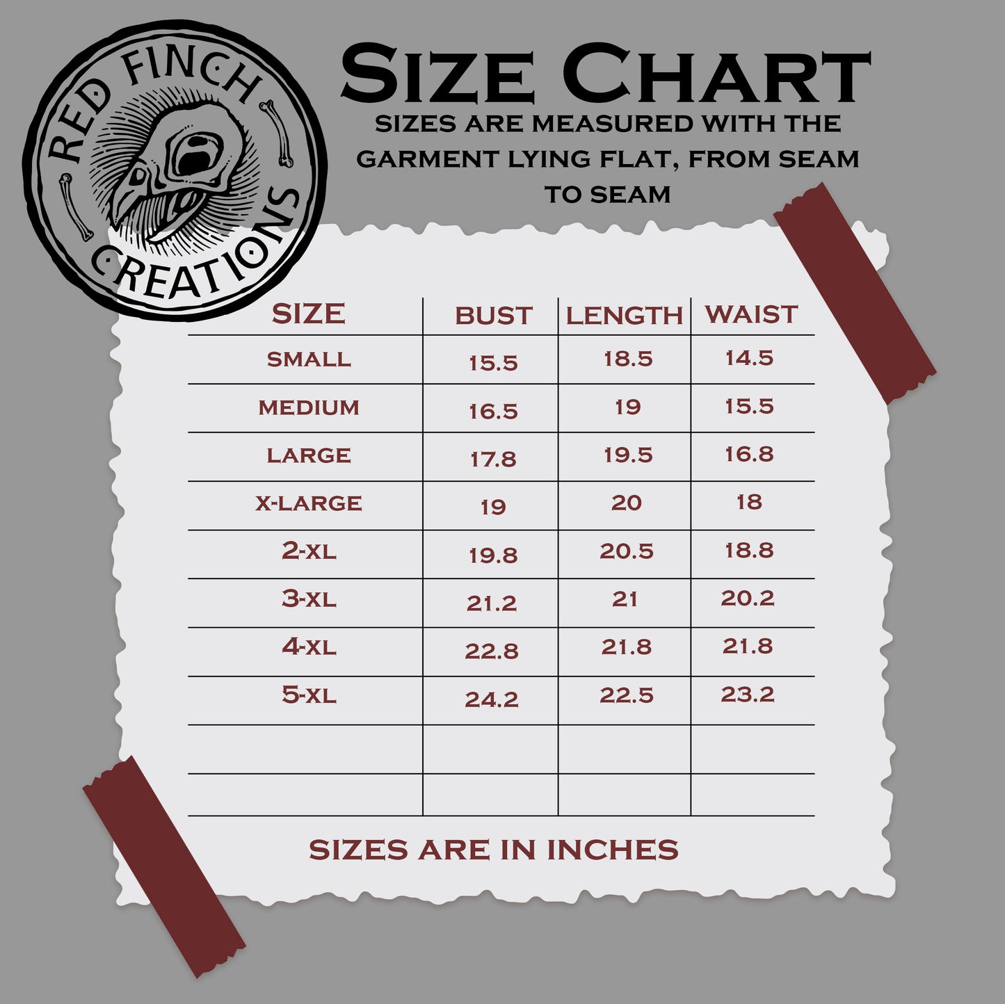 Size chart for clothing measurements with Red Finch Creations logo on a gray background