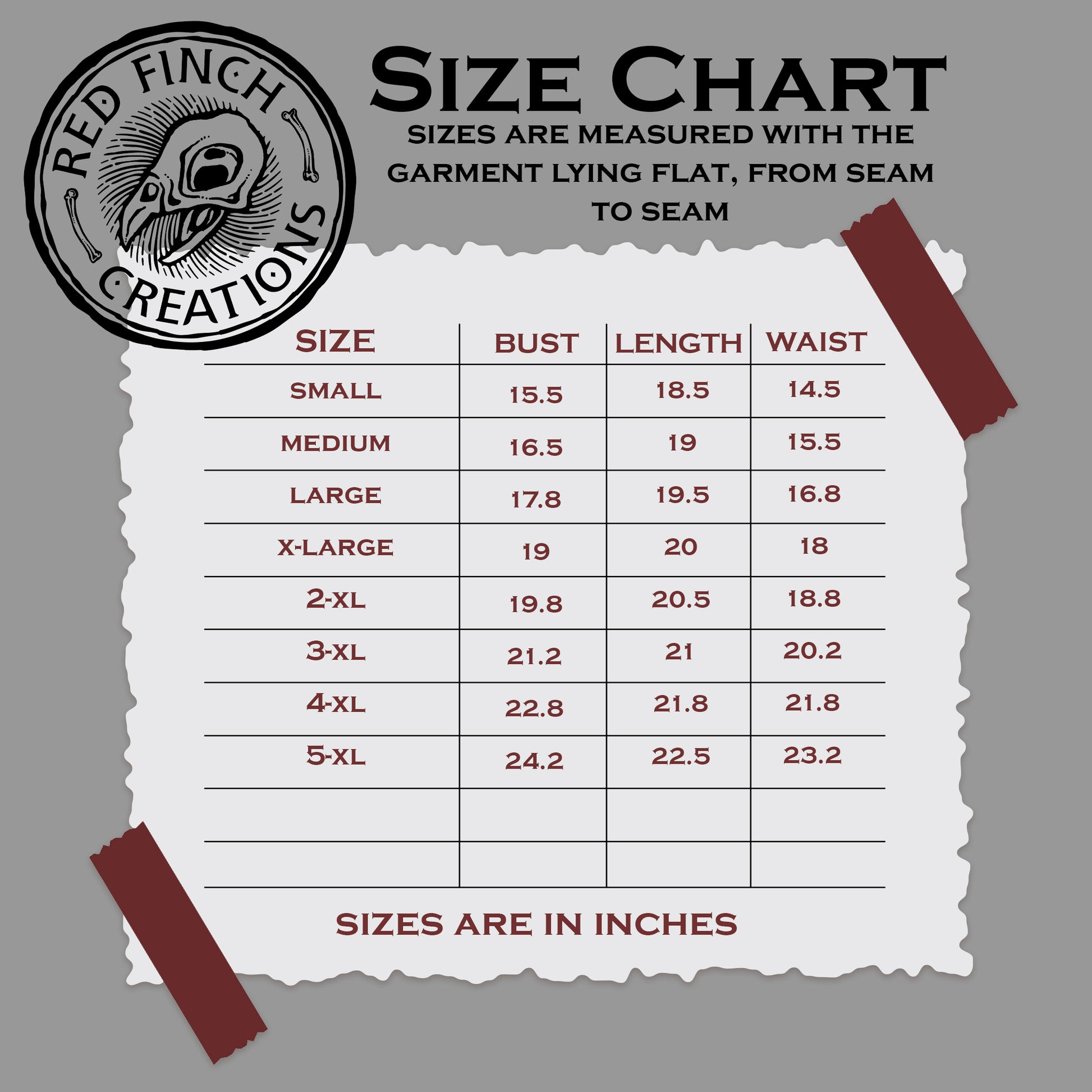 Size chart for clothing measurements with Red Finch Creations logo on a gray background