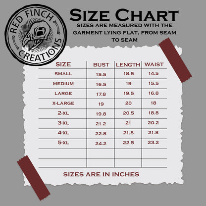 Size chart for clothing measurements with Red Finch Creations logo on a gray background