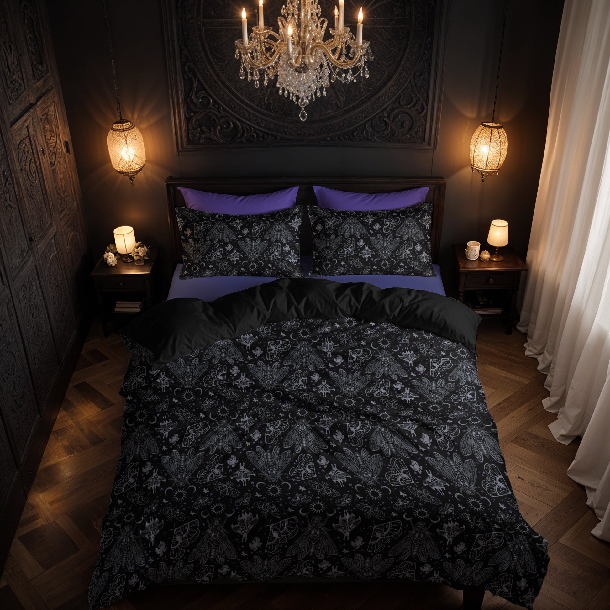 Occult Cicada Three Piece Bedding Set - Cool Tones - Red Finch Creations