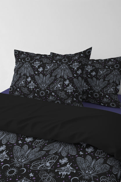 Occult Cicada Three Piece Bedding Set - Cool Tones - Red Finch Creations