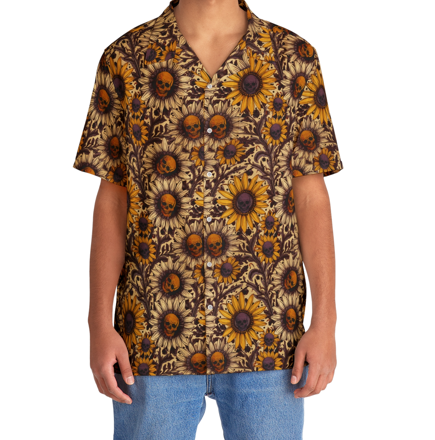 Sunflower Skull Gothic Floral Hawaiian Shirt - Red Finch Creations