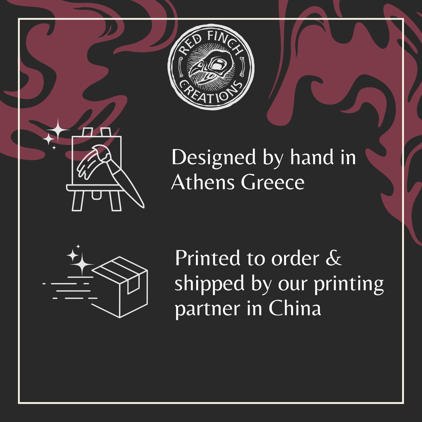 Product label with Red Finch Creations branding, hand design, and printing information on a black background.