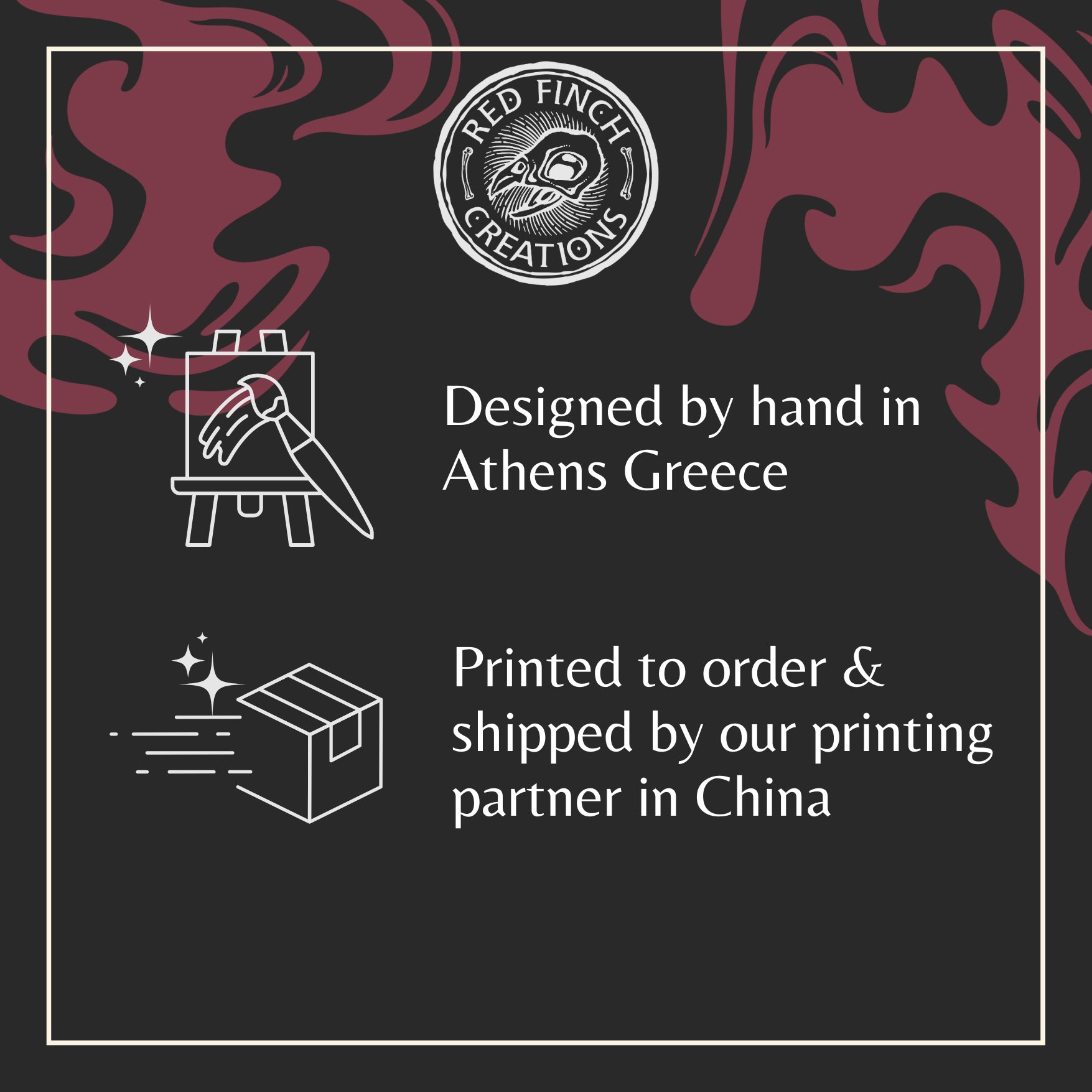 Product label with Red Finch Creations branding, hand design, and printing information on a black background.