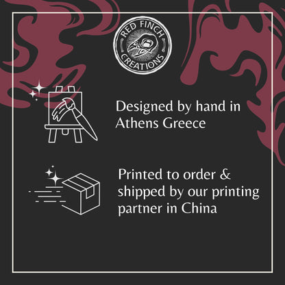 Product label with Red Finch Creations branding, hand design, and printing information on a black background.