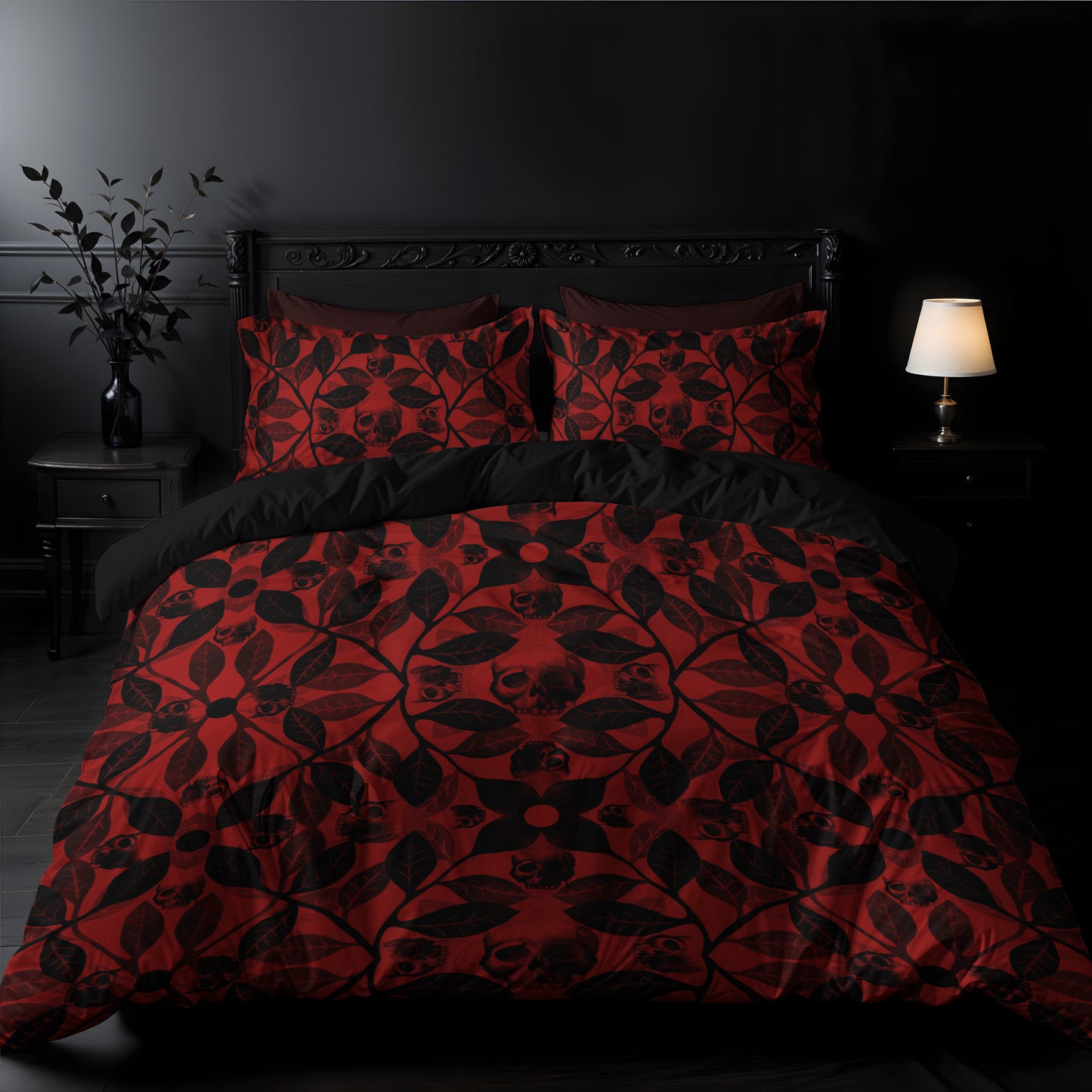 Red Botanical Skull 3-Piece Bedding Set