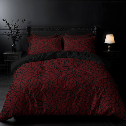 Blood Red Thorn gothic and spooky pattern 3 piece bedding set on a baroque gothic double bed